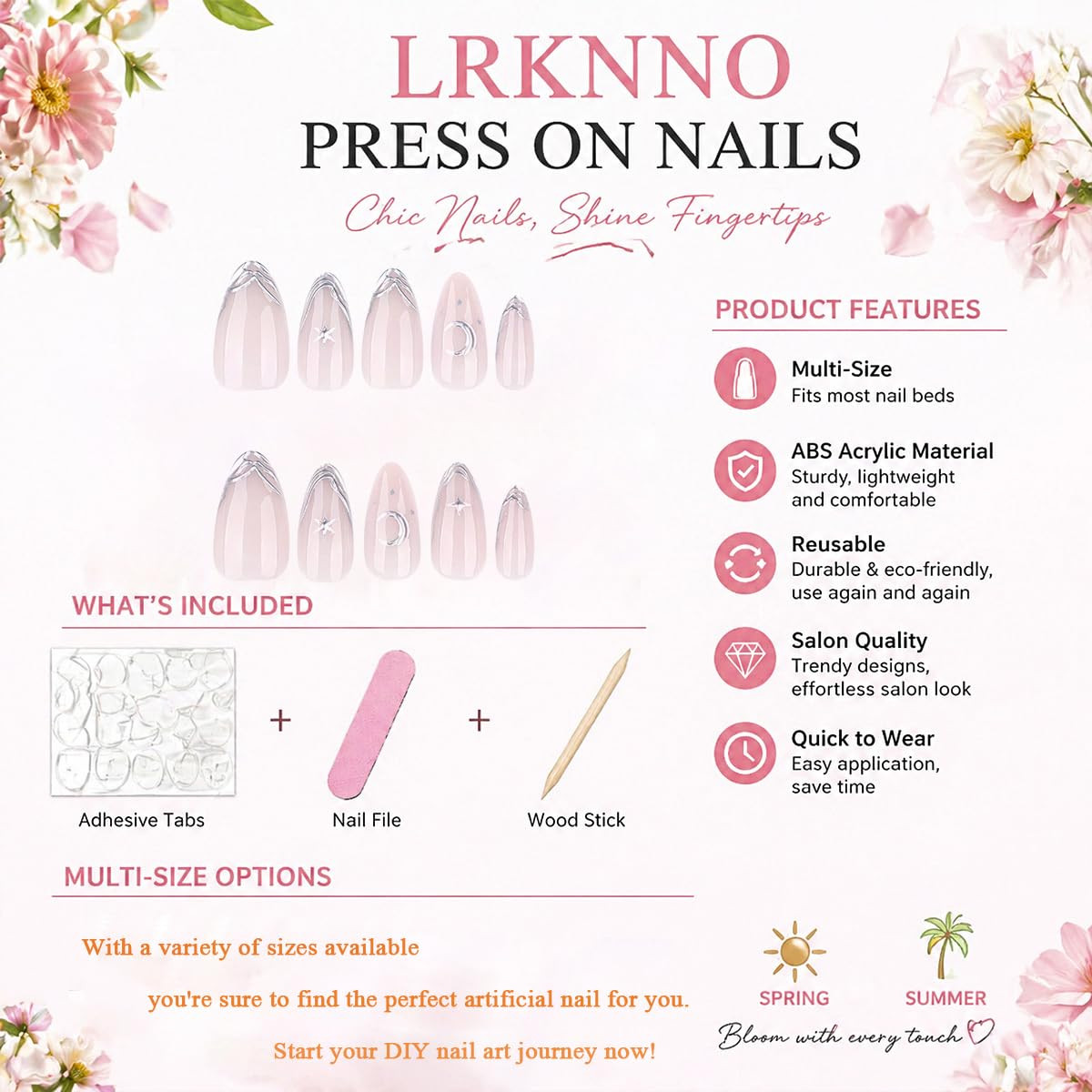 French Tip Press on Nails Almond Medium Fake Nails with 3D Silver Star Moon Desi