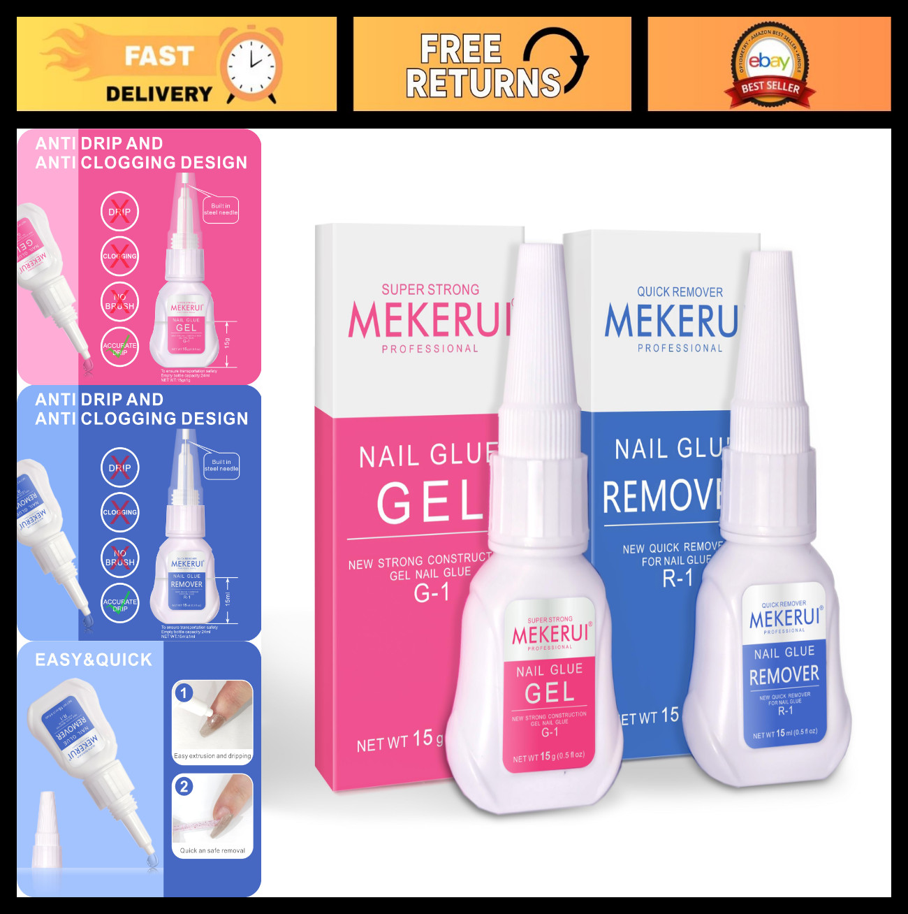 Nail Glue & Remover Kit – 30+ Days Long-Lasting Gel, No UV Light, Quick Dropper