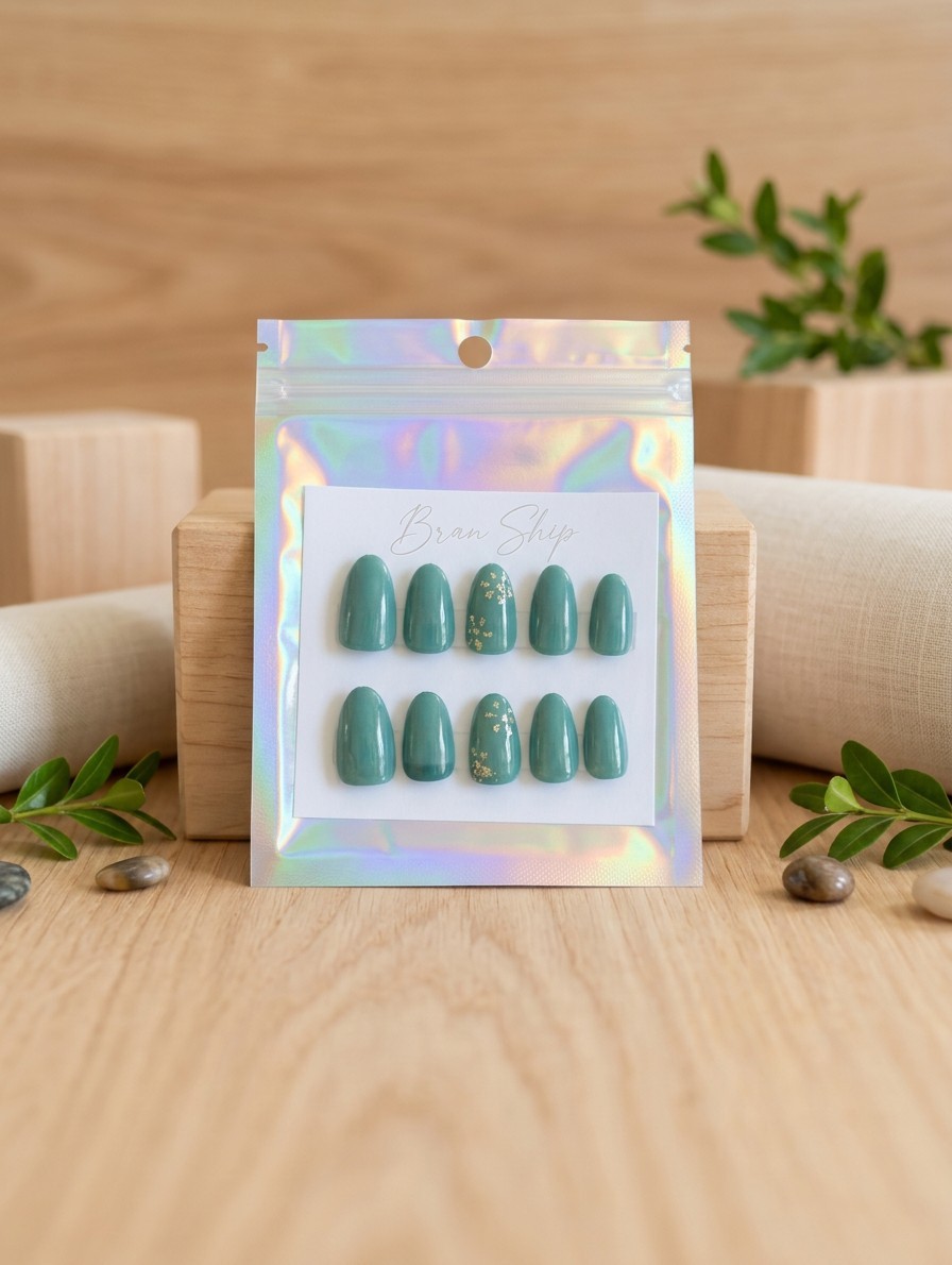 Hand Painted Green And Gold Sparkle Press-On Nails Nail Kit Included