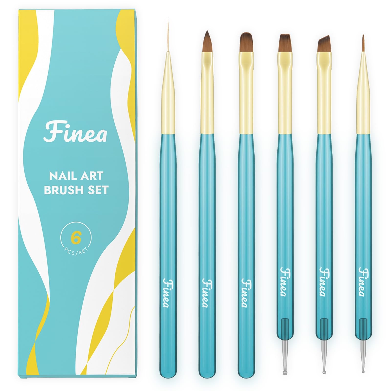 Nail Art Brushes and Dotting Tools 6pcs Set for Gel Polish Gold Blue