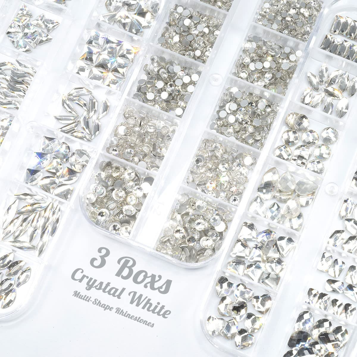 Qiipii 3 Boxes Silver Clear Nail Rhinestones 240 Multi-Shapes Crystal White Big
