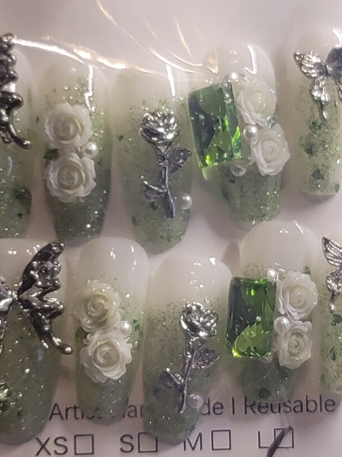Handmade 10 PC Set Nails Green Ombre Butterfly, SLVR Rose, Gem Sz L, Med Coffin