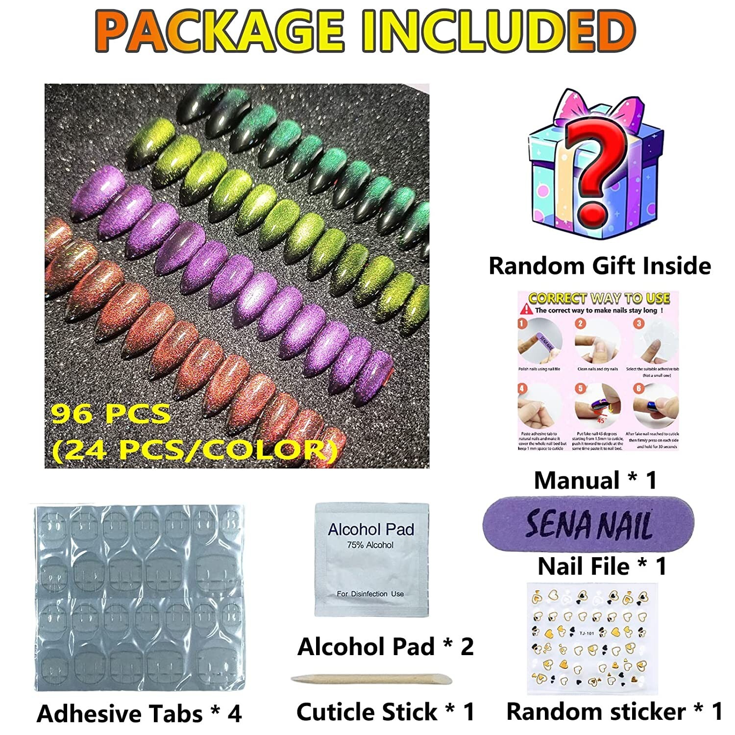 🔥Press On Nails Short Almond Stiletto 4 Sets 100% Handmade Cat Eye Glitter Fake