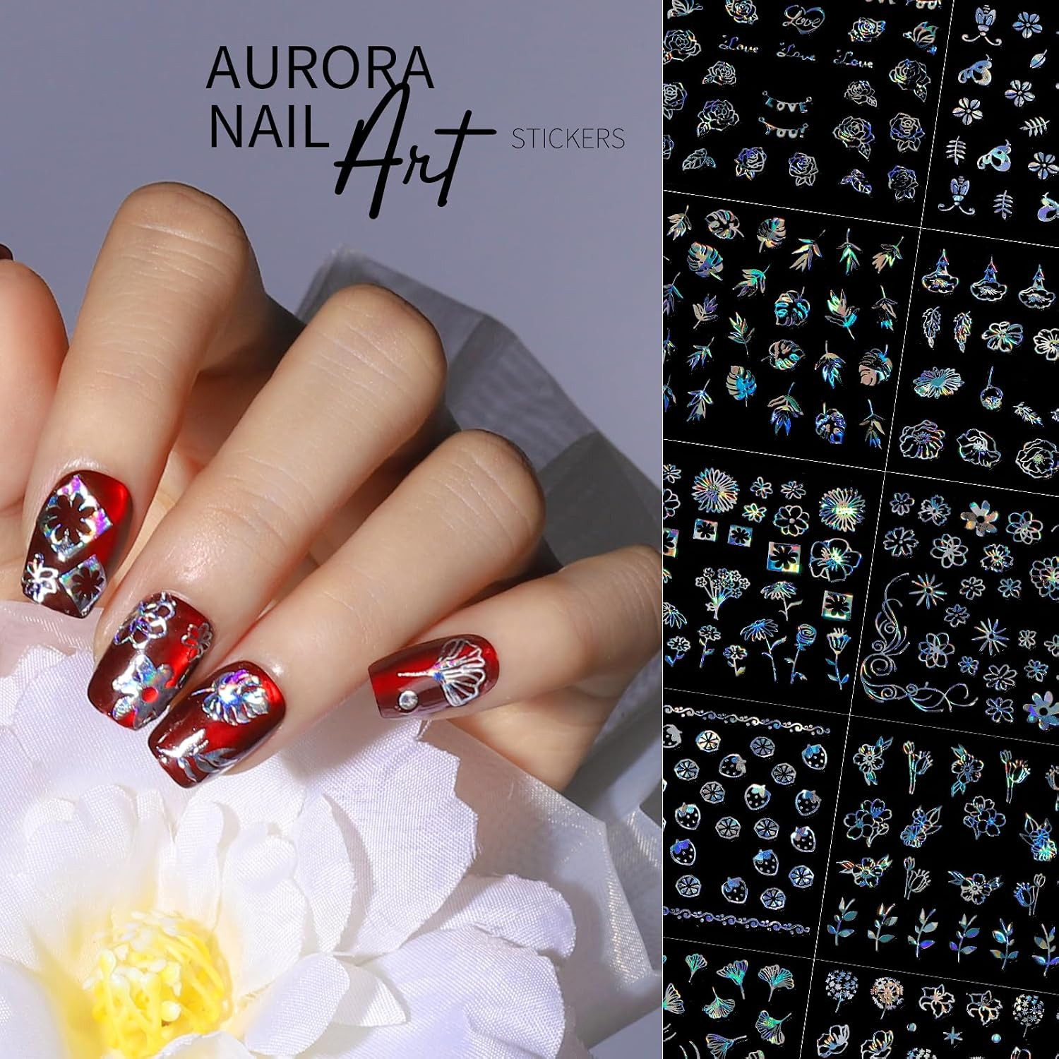 50 Sheets Aurora Nail Stickers for Nail Art, Star Nail Art Stickers for Kids Wom
