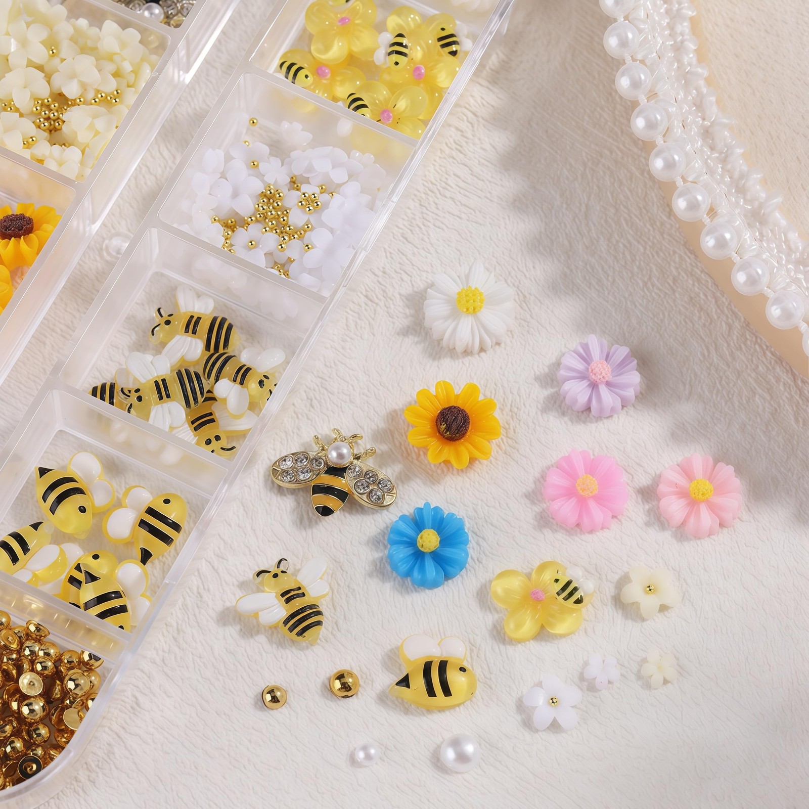 12 Grids Tiny Bee Nail Charms Resin Daisy Flower Nail Rhinestones 3D Gold All…