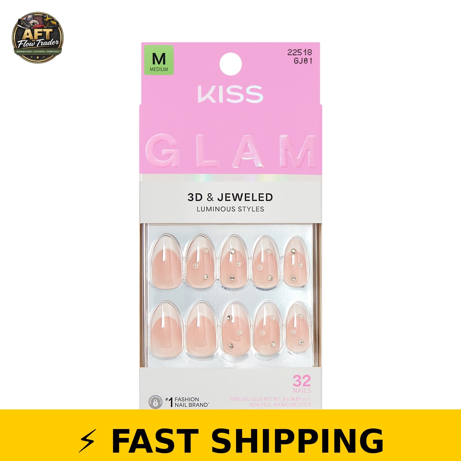 Kiss Glam 3D Press On Nails Almond, Serendipity Awaits, Medium 32 Count