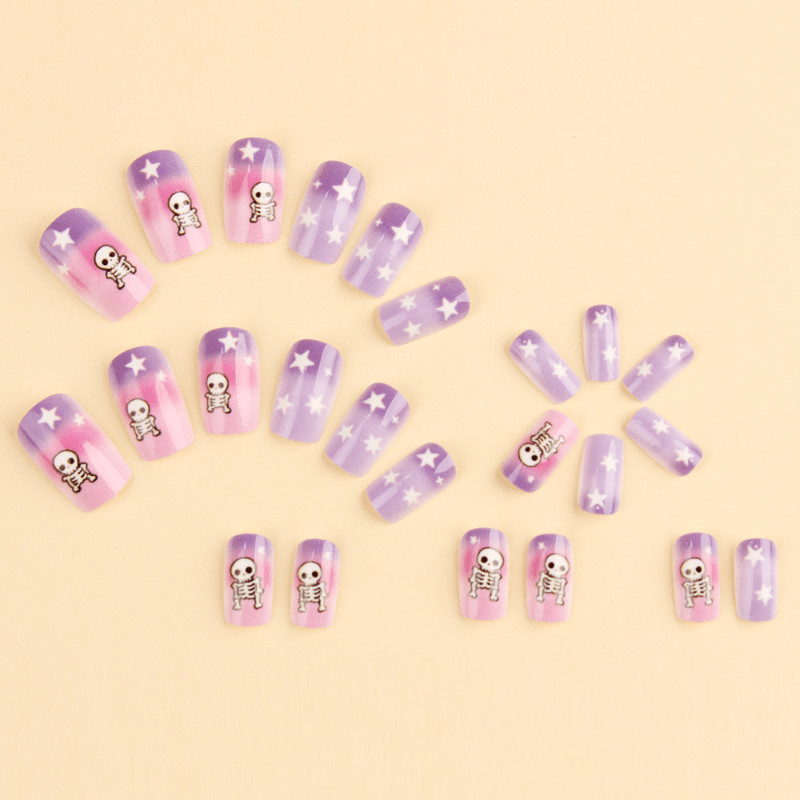 48Pcs-Long Square Pink Purple Gradient Cartoon Skeleton White Star Press on Nail