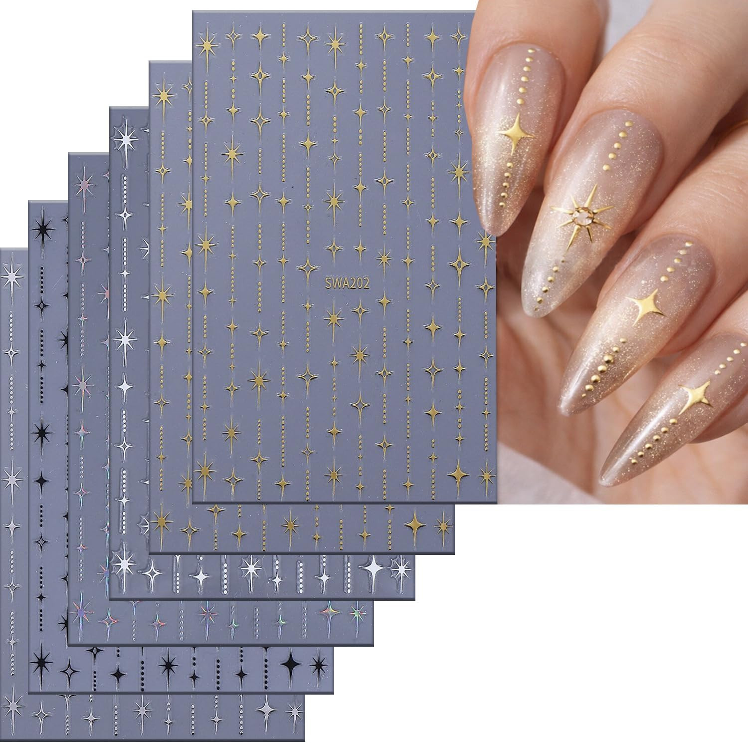 6 Sheets Stars Nail Art Stickers 3D Self -Adhesive Gold Silver White Black Laser