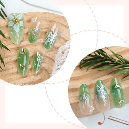 30pcs Green Press on Nails Medium Almond Fake Nails With 3D Flower Handmade-1