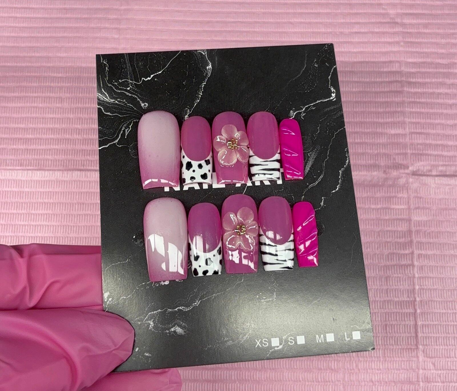 Medium square press on nails animal print 3d gel flower aura