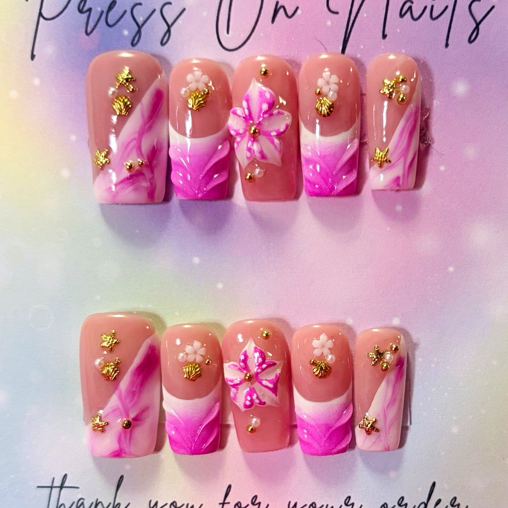 Handmade Pink/Gold 3D Flower Square Press-On Nails Set, Medium, Acrylic