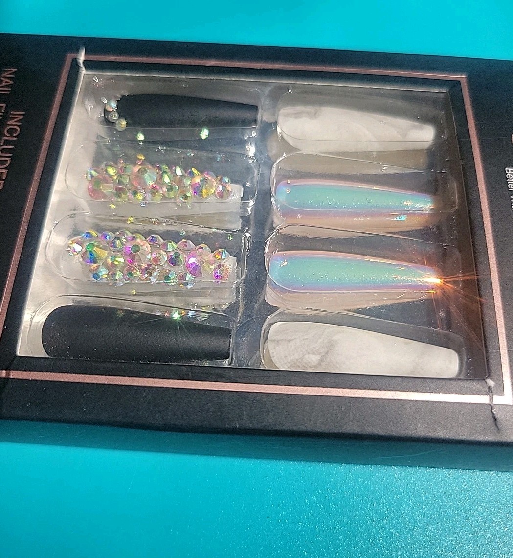 Beautiful New Luxury Nails, Black, Pearlescent, Marble, W/rhinestones