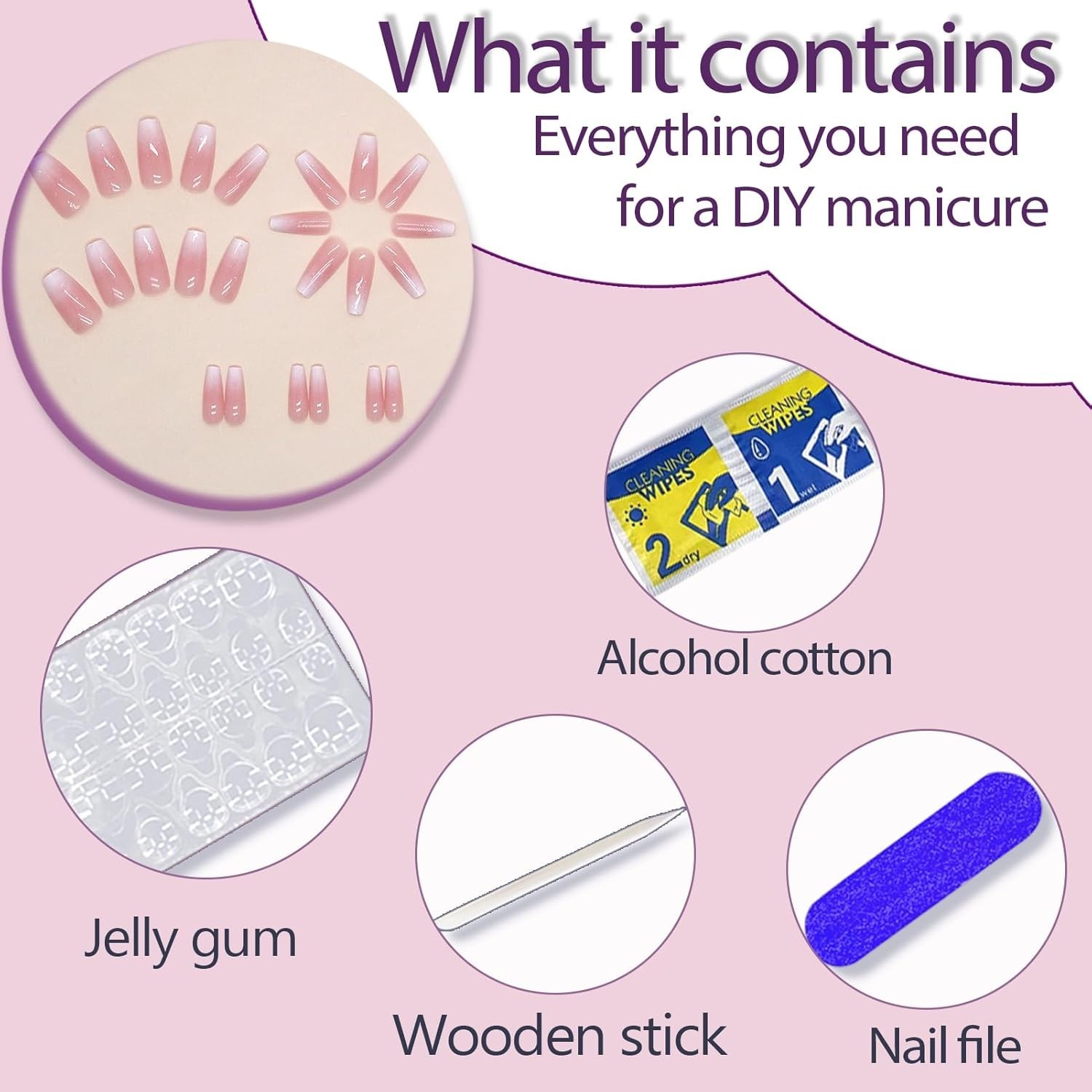 30 Pcs Ombre Pink-White Coffin Press-On Nails with Glitter – Glam Up Instantly