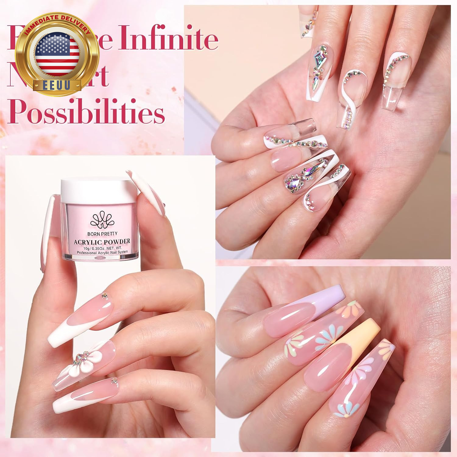 Acrylic Nail Kit – Acrylic Powder (Clear, White, Pink) & Liquid Set with Nail Fo