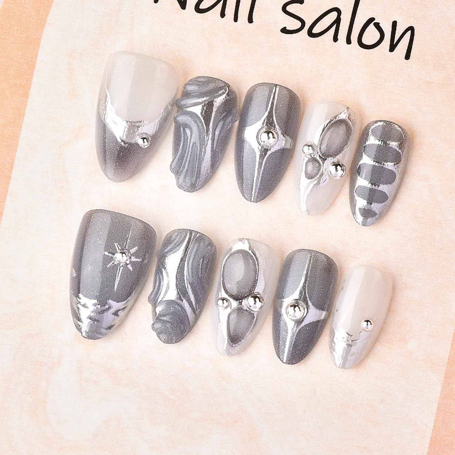 30Pcs Silver French Tip Press on Nails Medium Almond Fake Colorful -12
