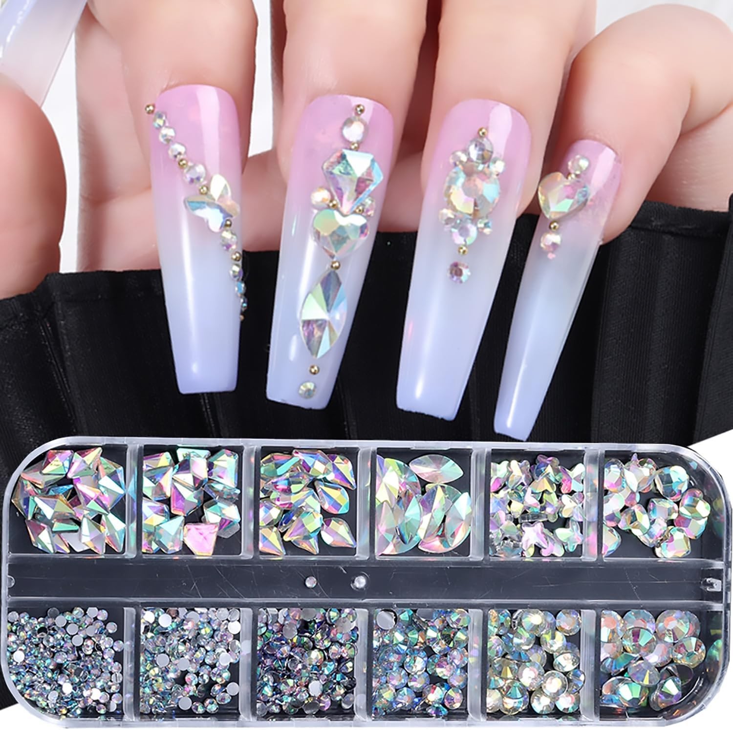 Blue Nail Art Rhinestones: 12 Grids, Multi-Shape, Flatback Gems for Acrylic