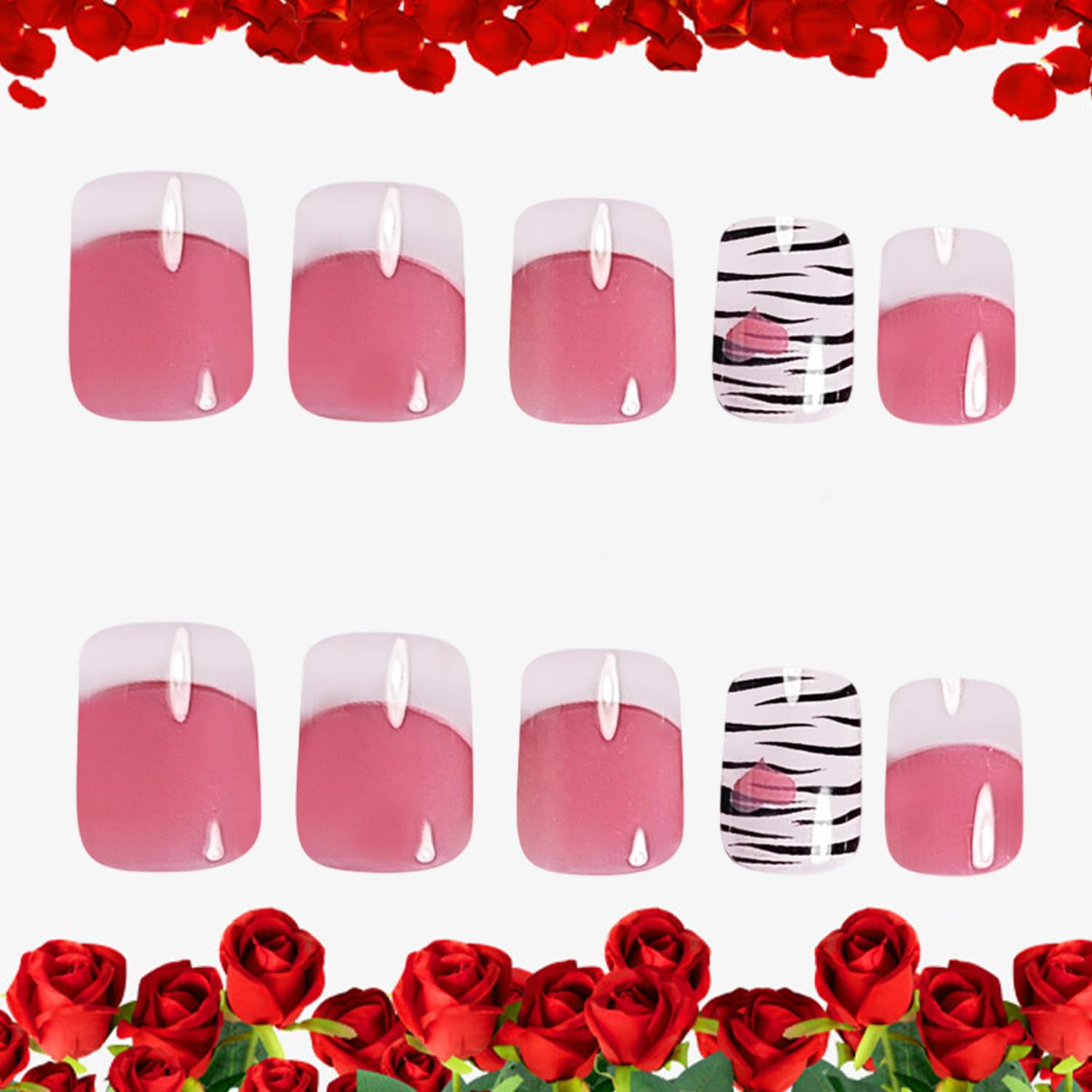 24Pcs Valentines Press on Nails Short Square Artificial Acrylic French White Tip
