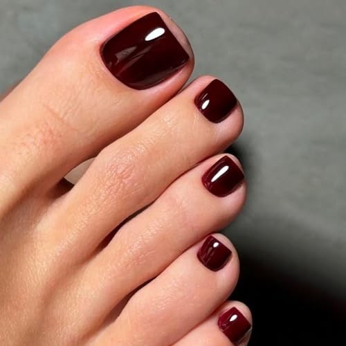 Wine Red Press on Toenails Summer Mirror False Toenails Wine Wine Toenails