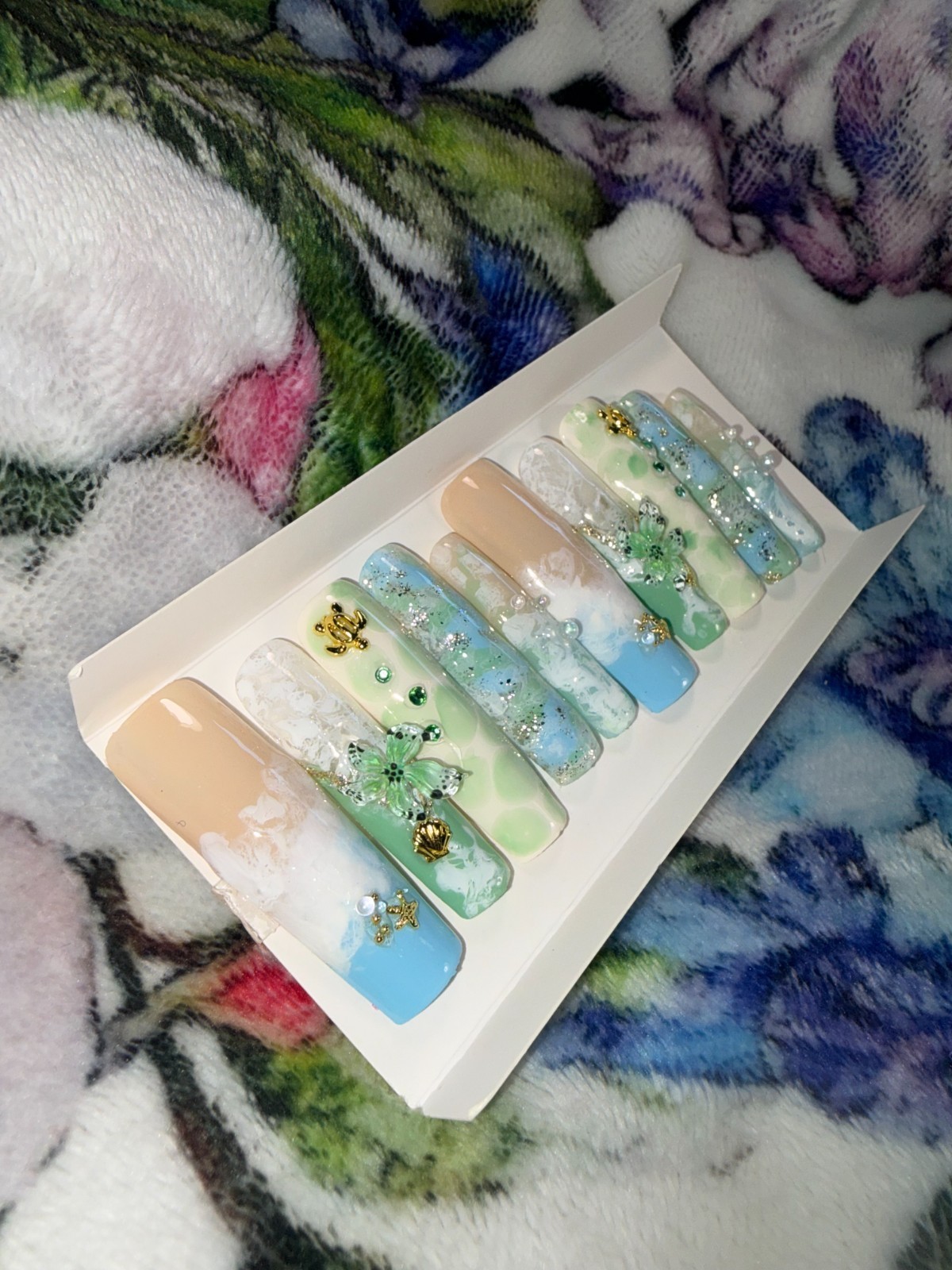 hand painted press on nails Ocean sea turtle theme