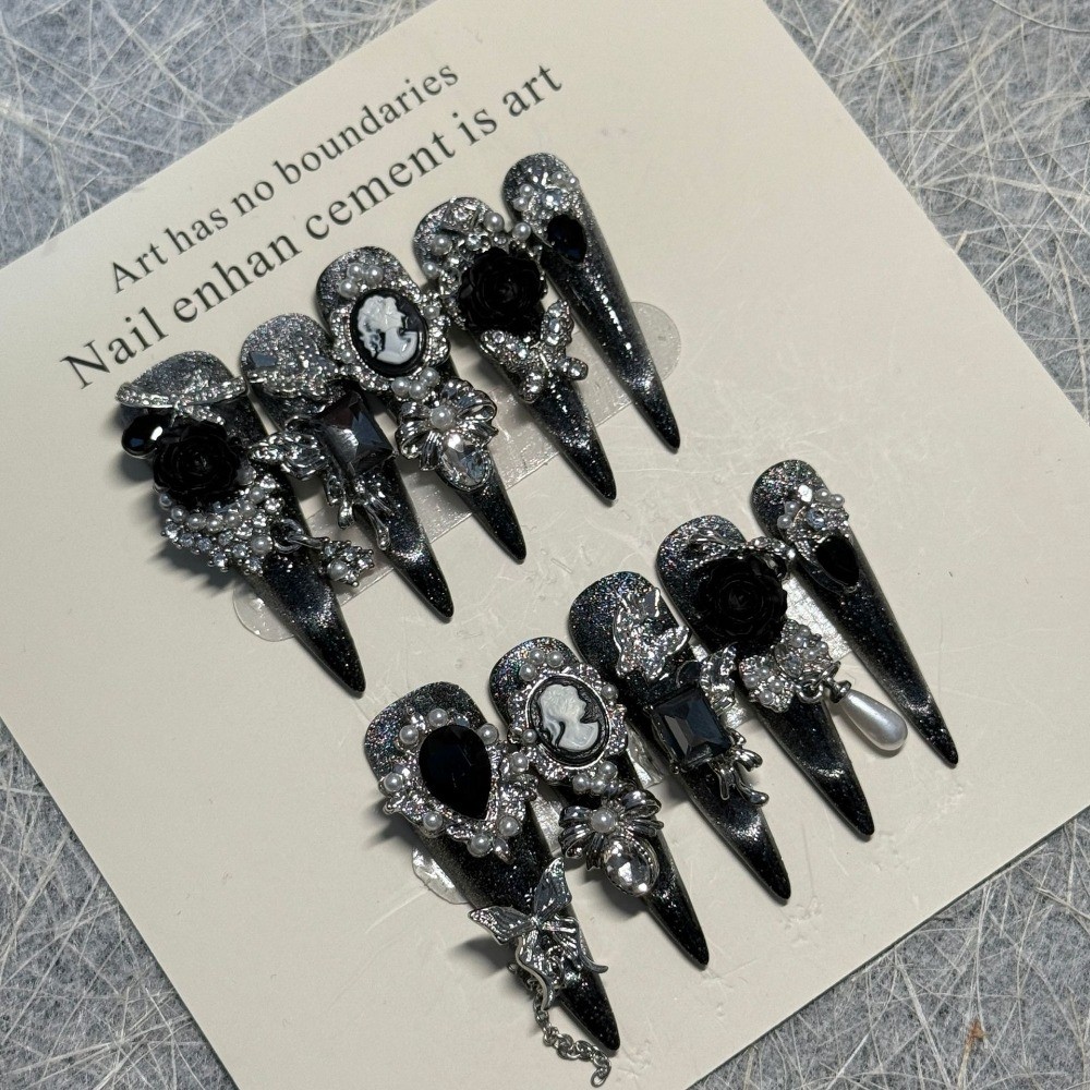 10Pcs Black Rose Cat Eye Nails Gothic Style Wedding Dinner False Nails