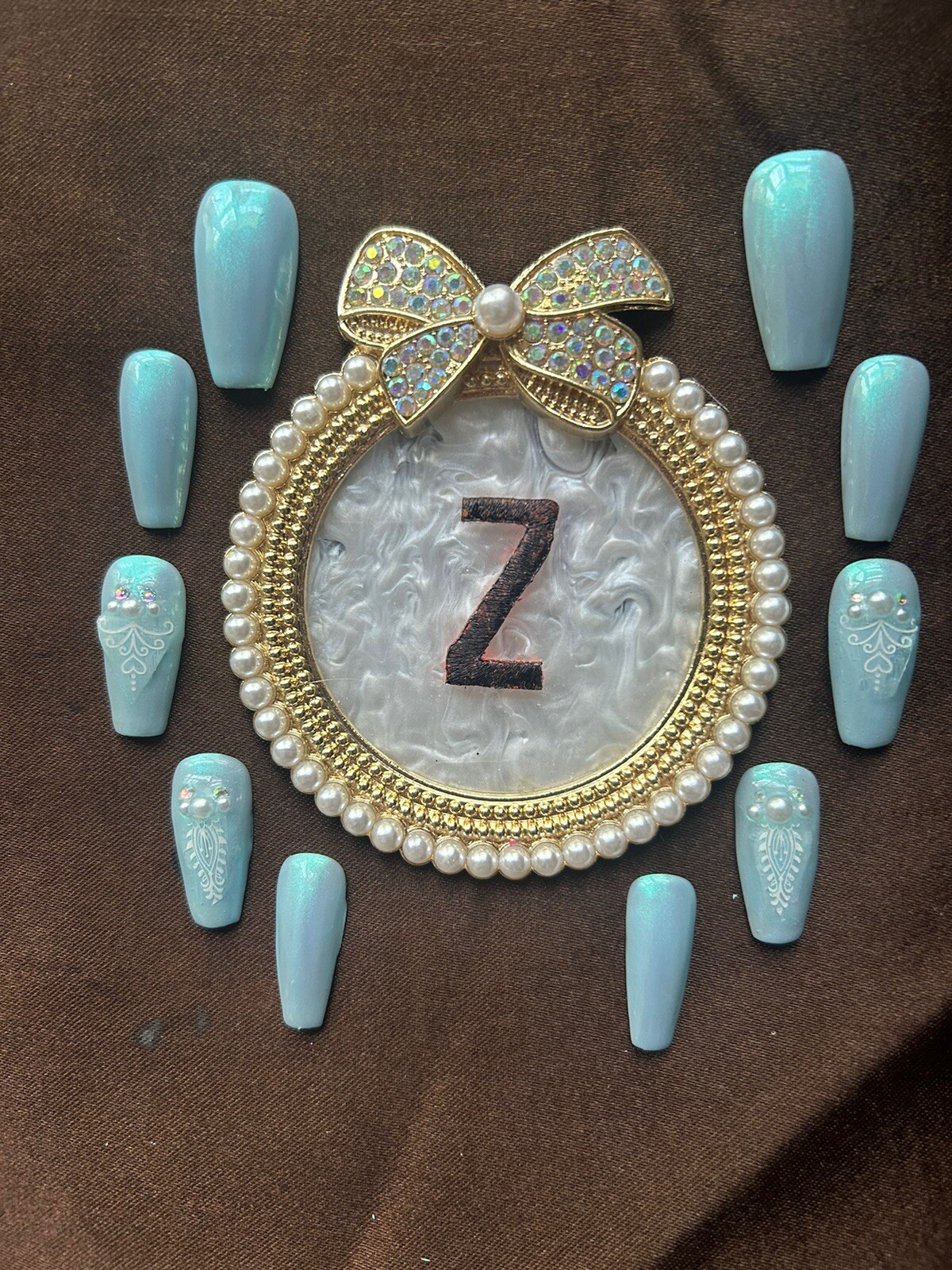 Z NAILZ! Dainty Blue Iridescent W/ Pearls & AB Stones, Decals Press On Nails.