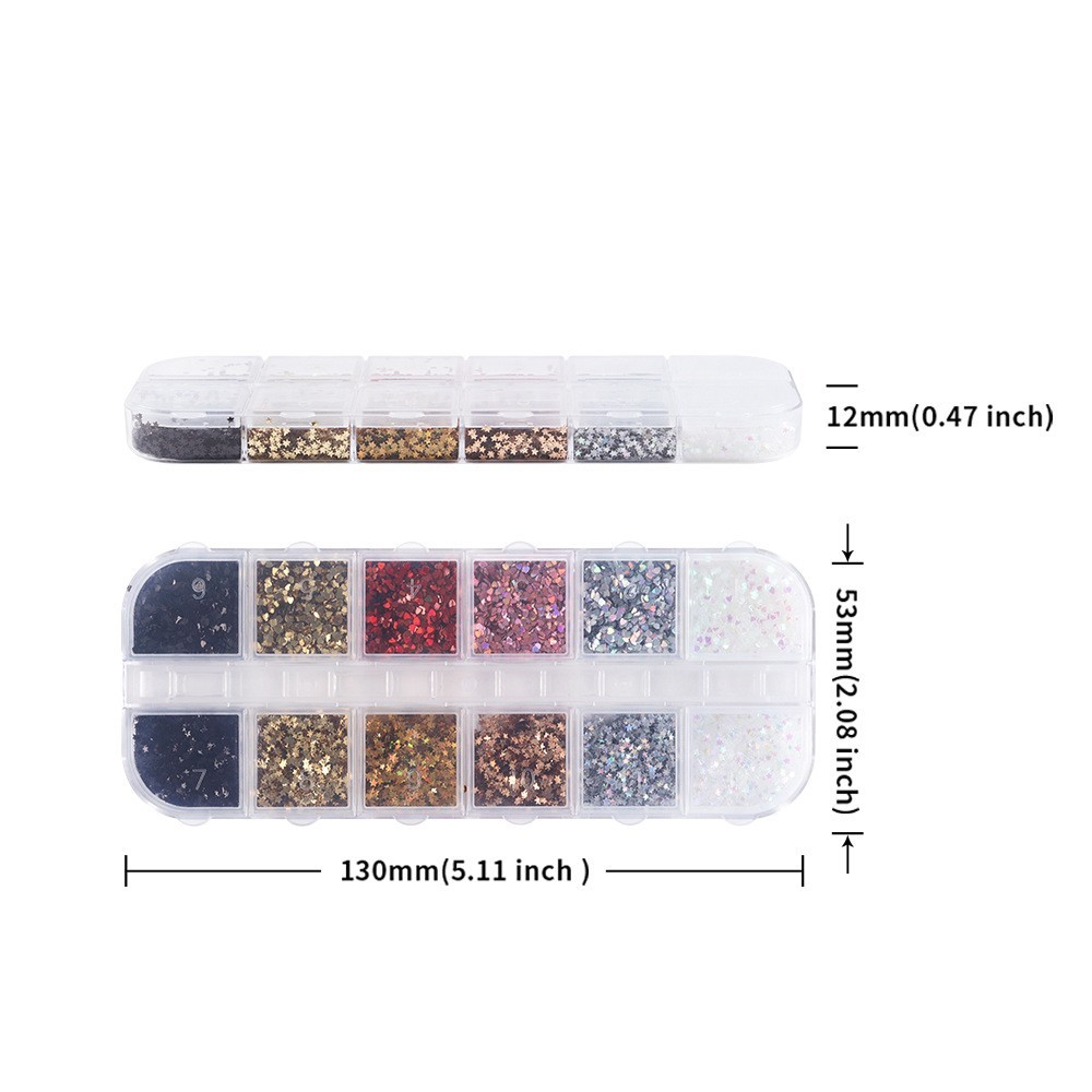 12 Grids Nail Art Sequins 1 mm Glitter Flakes Nails ~ Star Love Heart Shape