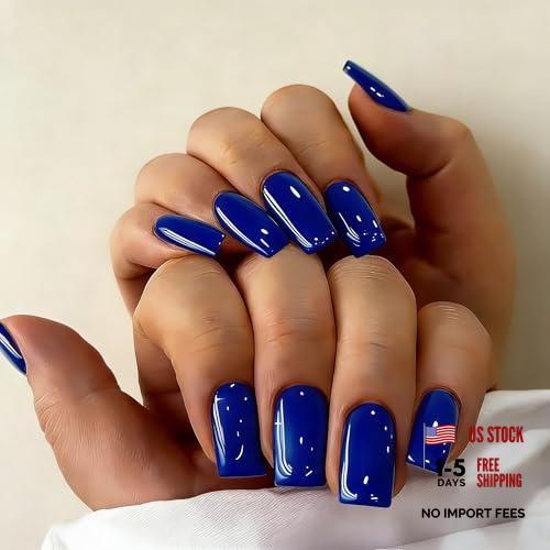 Navy Blue Short Fake Nails – Medium Square – Royal Blue Press On