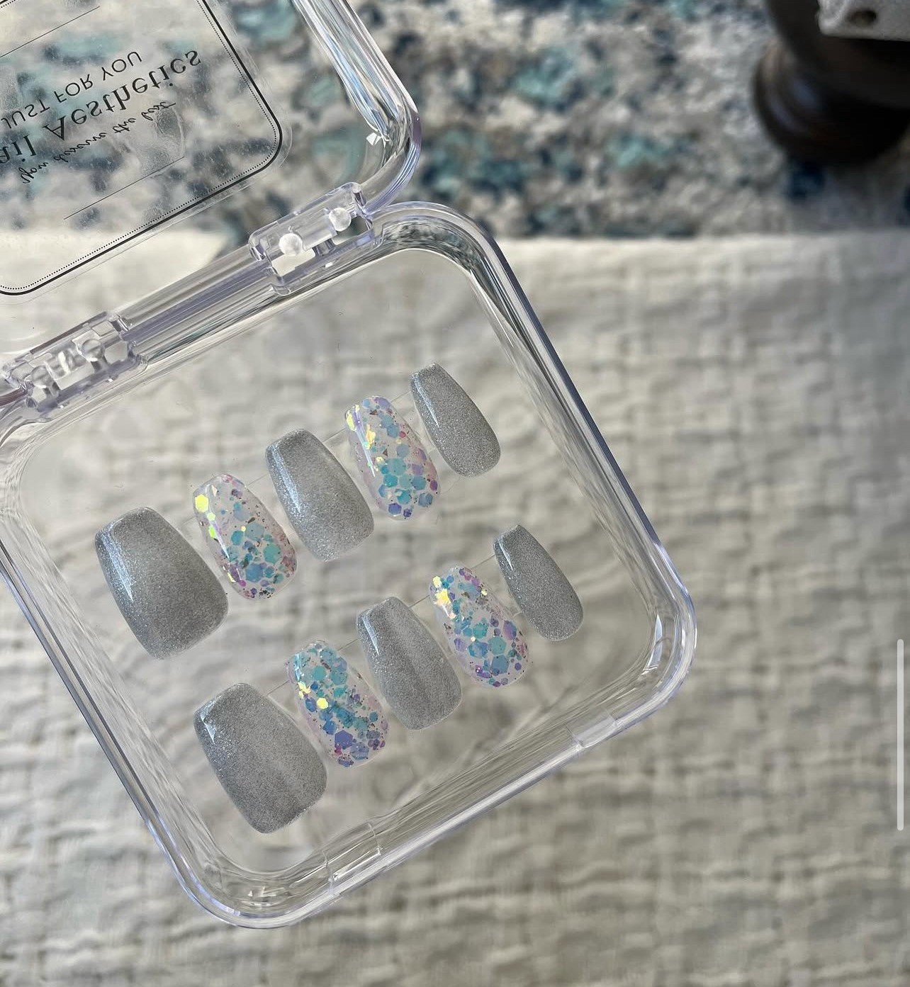 Press-On Nails Long Square Blue Silver Shiny Glitter Full Cover Pre-Designed Set