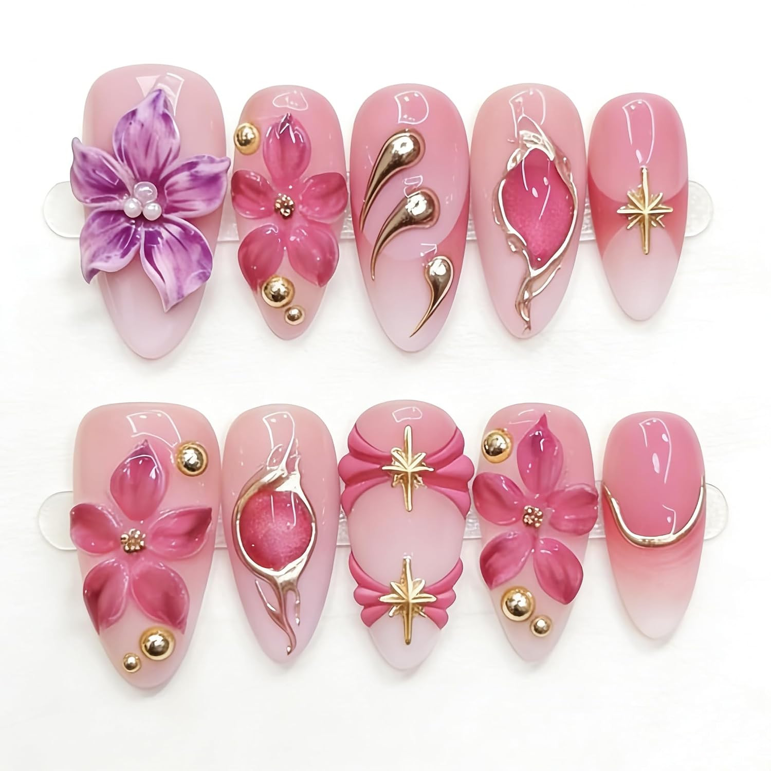 24Pcs Pink Summer Press on Nails Medium Almond Fake Nails with 3D Gold Beads Pin