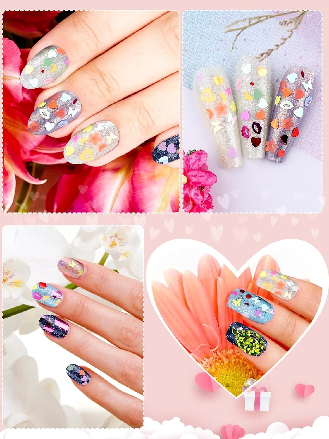 12 Grid 3D Love Heart Nail Art Glitter Holographic Laser Chunky Face Body Tattoo