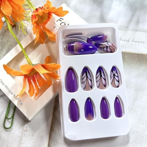 Dark Purple Gradient Press on Nails Medium Almond Shaped Pattern Purple Feather