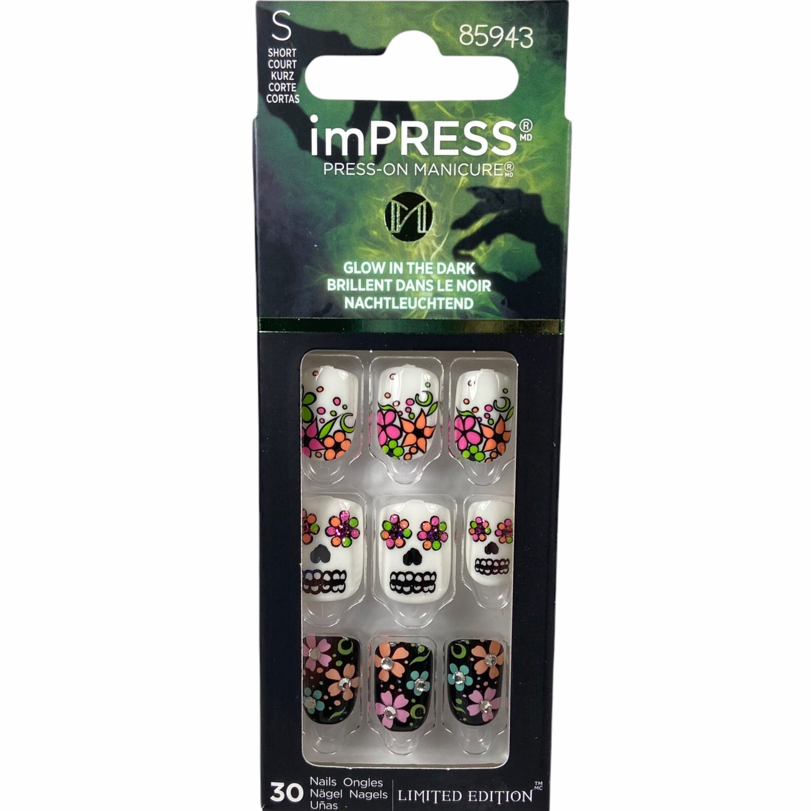 NEW Kiss Nails Impress Press On Manicure Short Gel Sugar Skull Floral Halloween