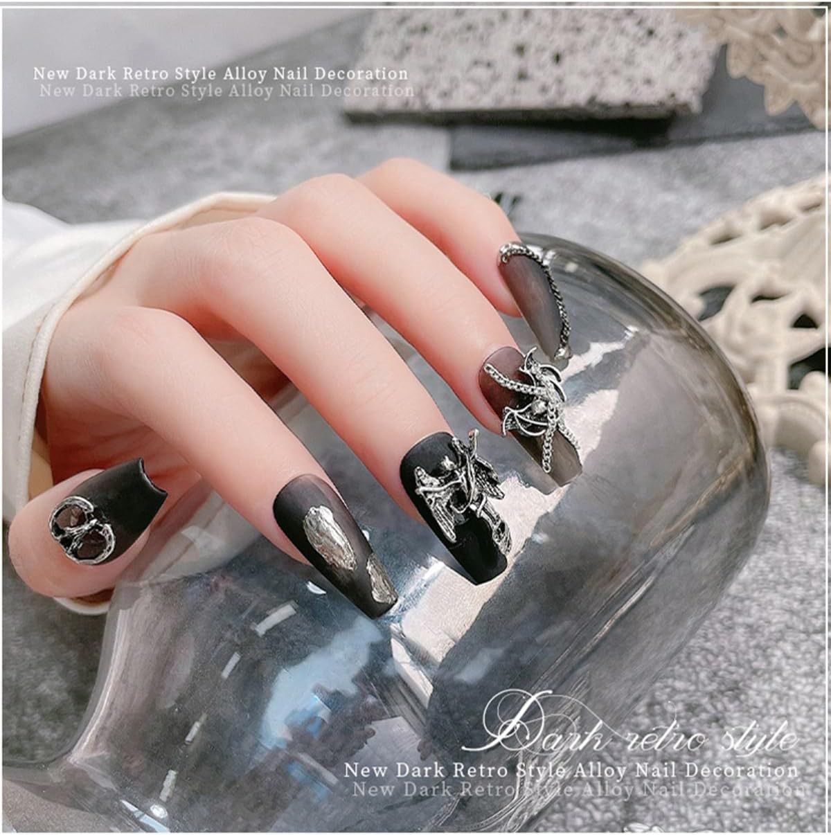 30 PCS 3D Nail Charms Halloween Nail Art Charms Antique Silver Love Shape Nail C