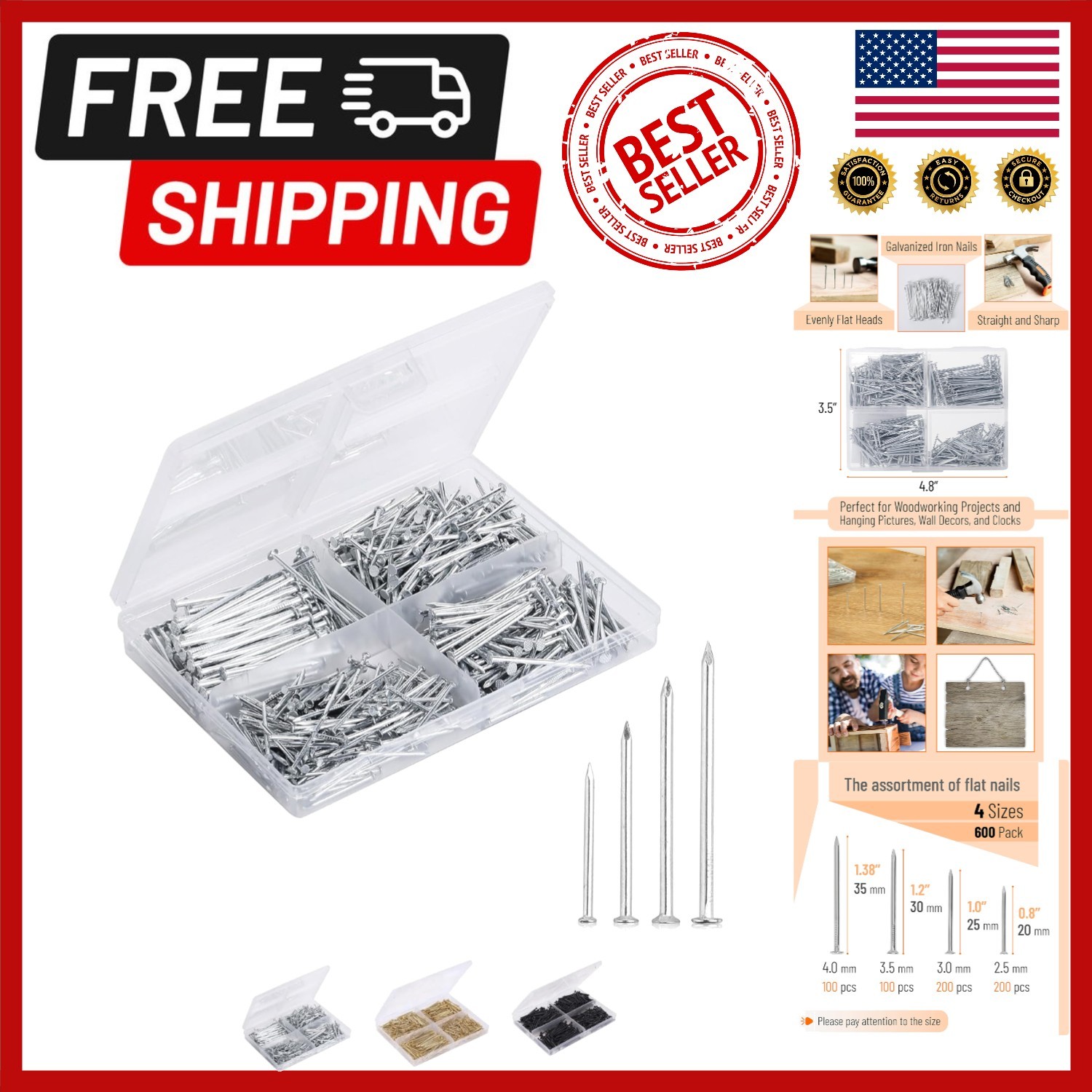Nail Assortment Kit, 600 Pcs, 4 Sizes, Silver, Small Nails for Hanging Pictur…