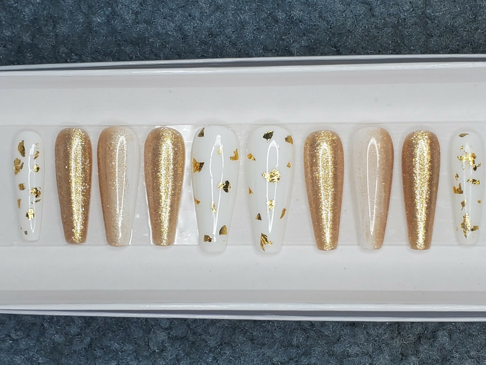White & Gold flakes chrome metallic Bling glitter ombre press on nails long nail