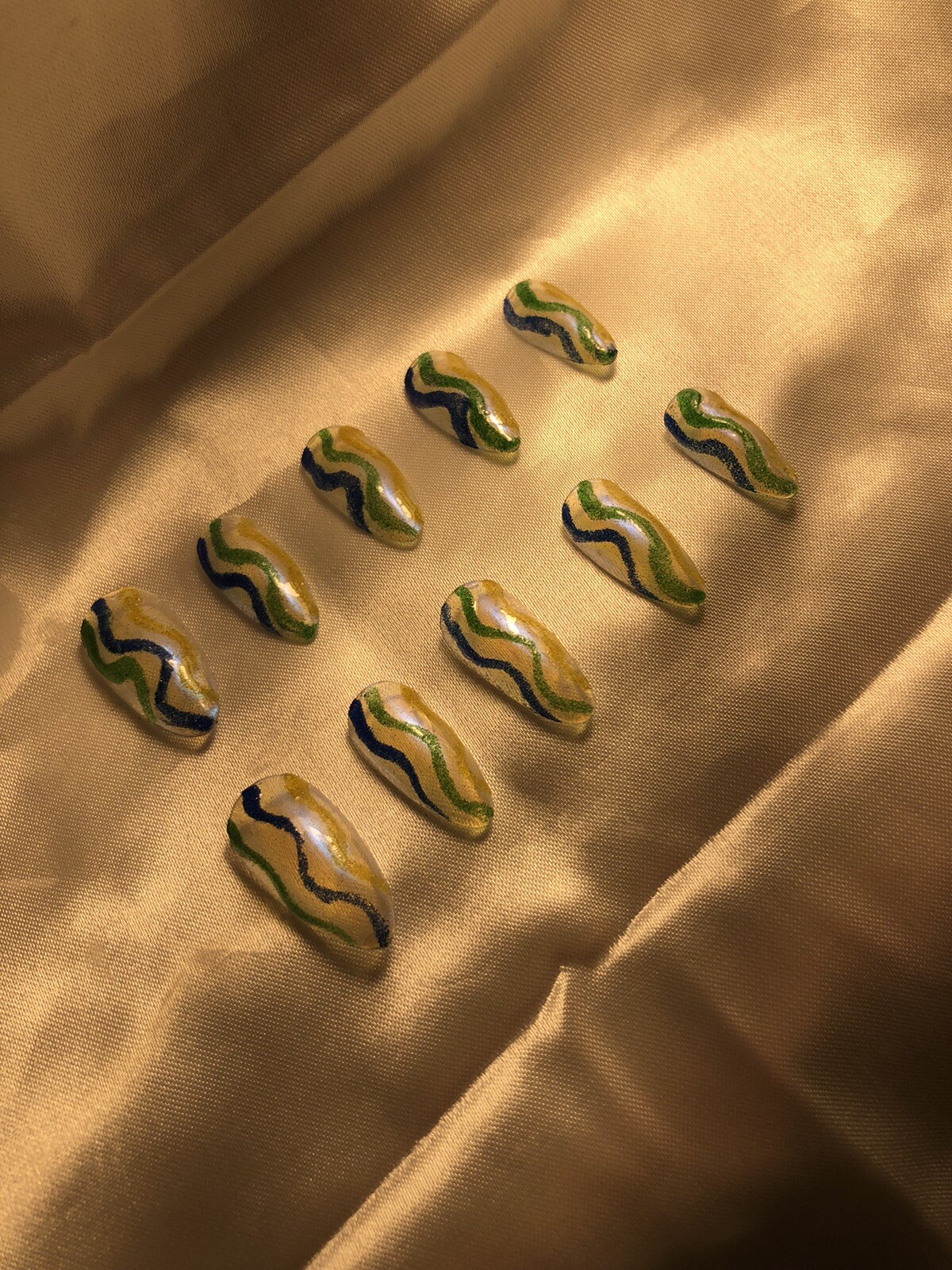 Z NAILZ! Gorgeous Set of Long Clear Almond MARDI GRAS Press On Nails W/Glitter