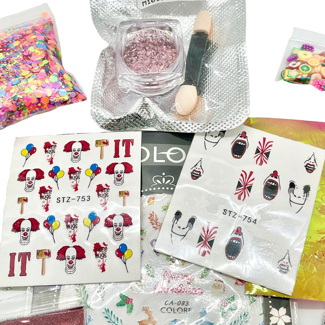 Bundle of Various NAIL ART Items 11 pcs – Decals Glitters Fimo Slices Foils Tape