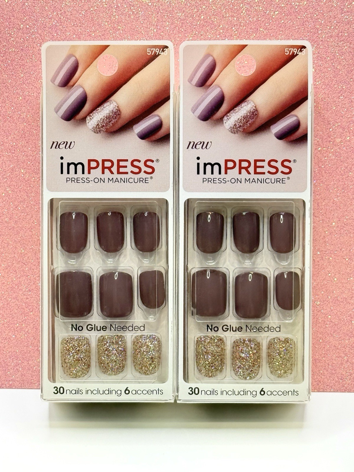 Kiss imPRESS No Glue Press-On Nails Manicure Short Mauve Taupe Glitter Lot Of 2