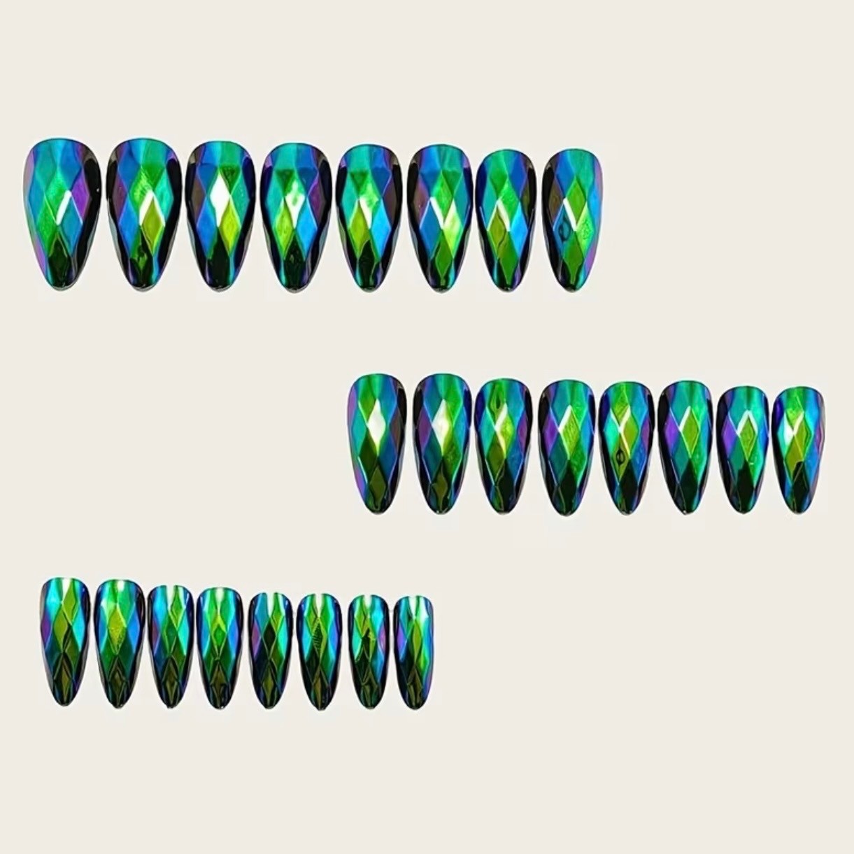 New! 24 3D Chrome Green & Purple Iridescent Long Length Almond Press on Nails