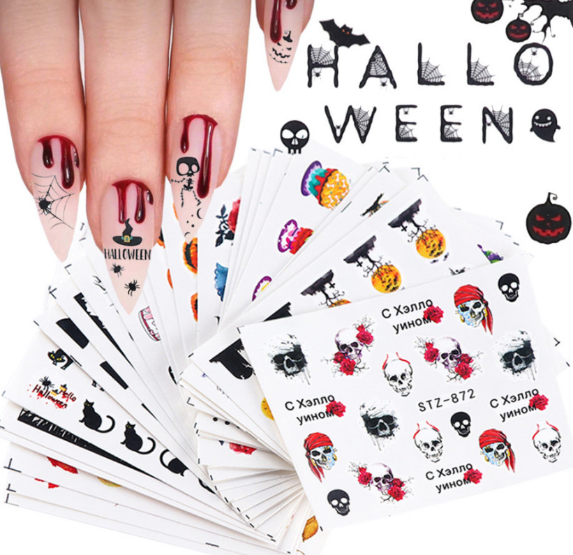 Nail Art Stickers Water Decal Transfer Halloween Cat Cobweb Pumpkin Skull NH15
