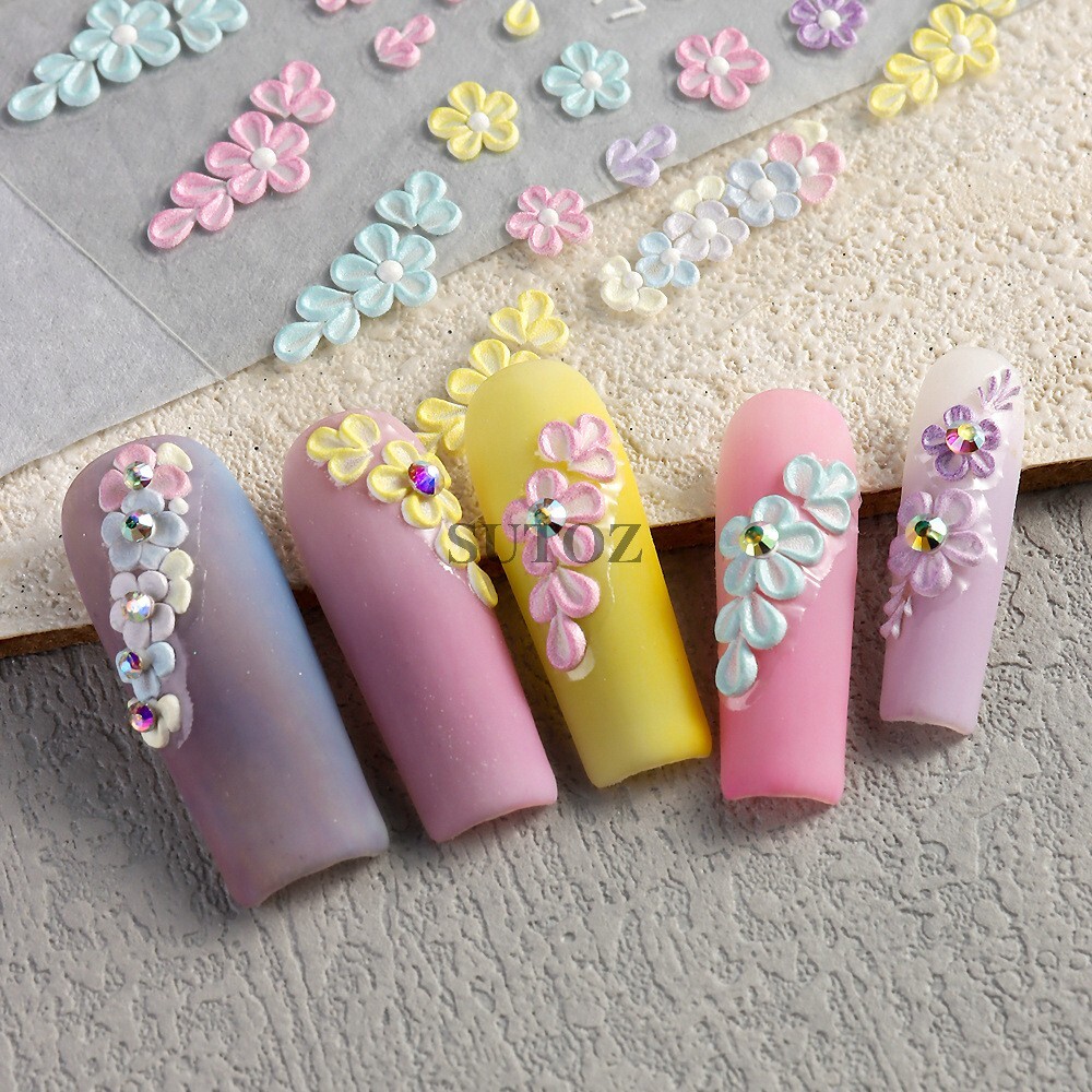 5D Embossed Daisy Rose Butterfly Camellia Flower Nail Art Stickers Self-adhesive