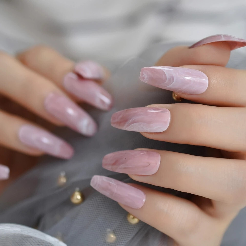 24 Press on Nails kit w Glue extra long Coffin Pink quartz marble mauve