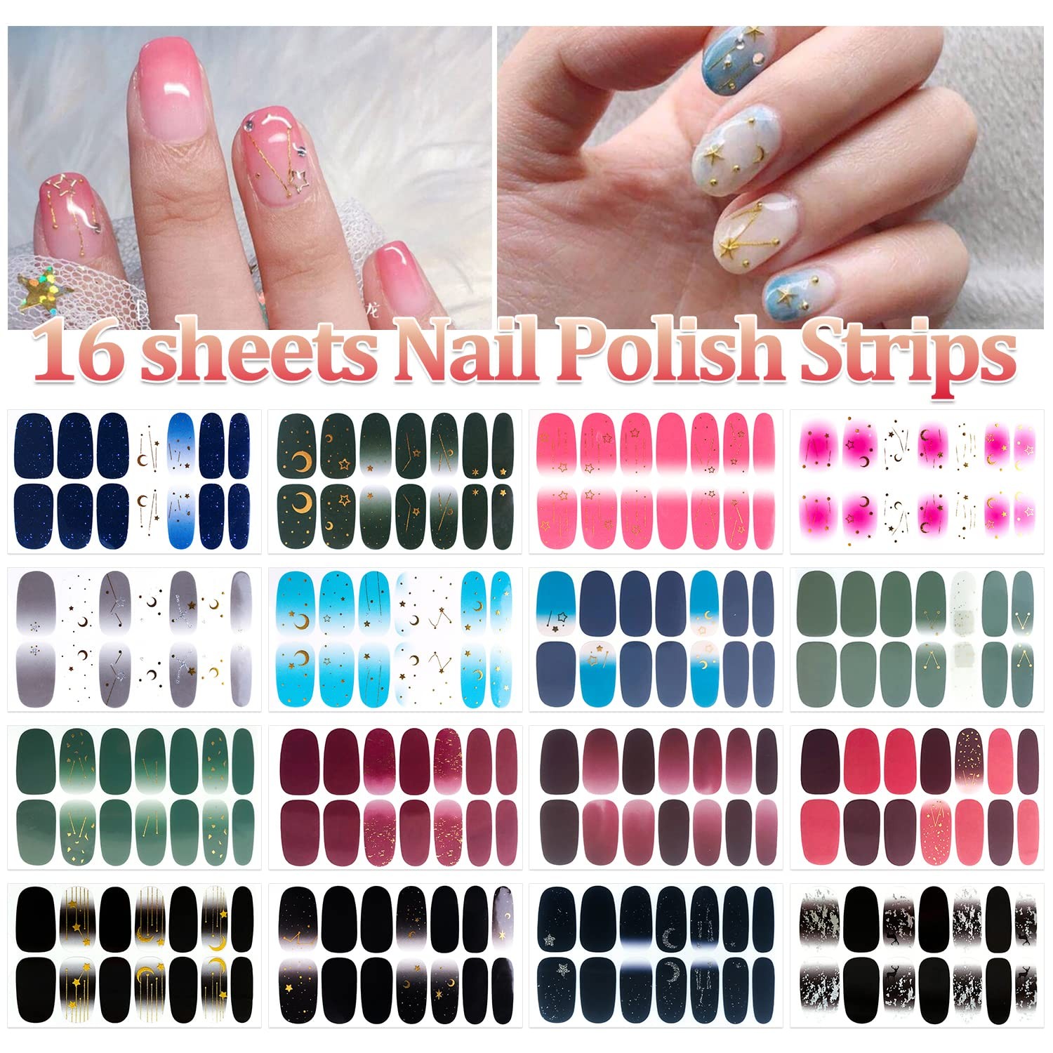 16 Sheets Nail Wraps for Women Gradient Star Moon Nail Polish Strips Gel Nail…