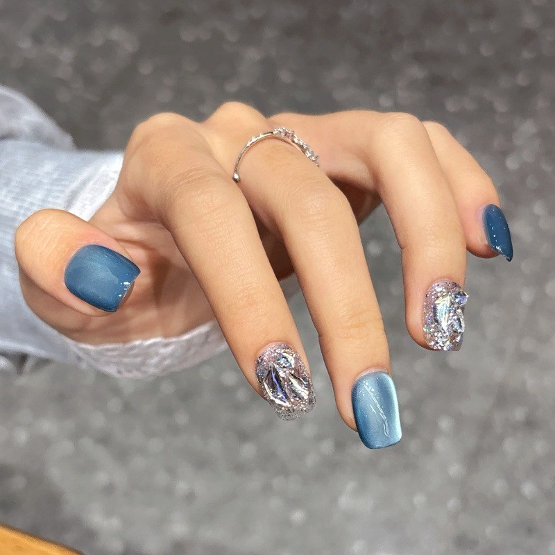 10Pcs Handmade Squoval Nails, Glitter Sequins, Elegant for Party & Daily Use