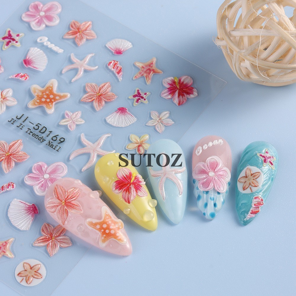 Summer 5D Embossed Ocean Nail Art Stickers Flower Starfish Seashell Coconut NH29