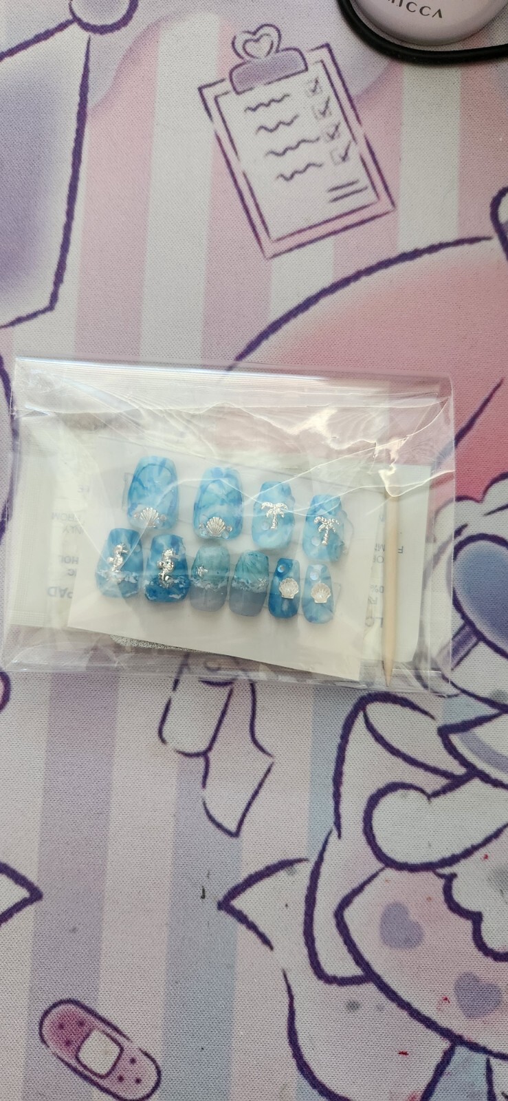 Hand Painted “Ocean Waves” theme Extra Short Coffin Press On Nails (Size M)