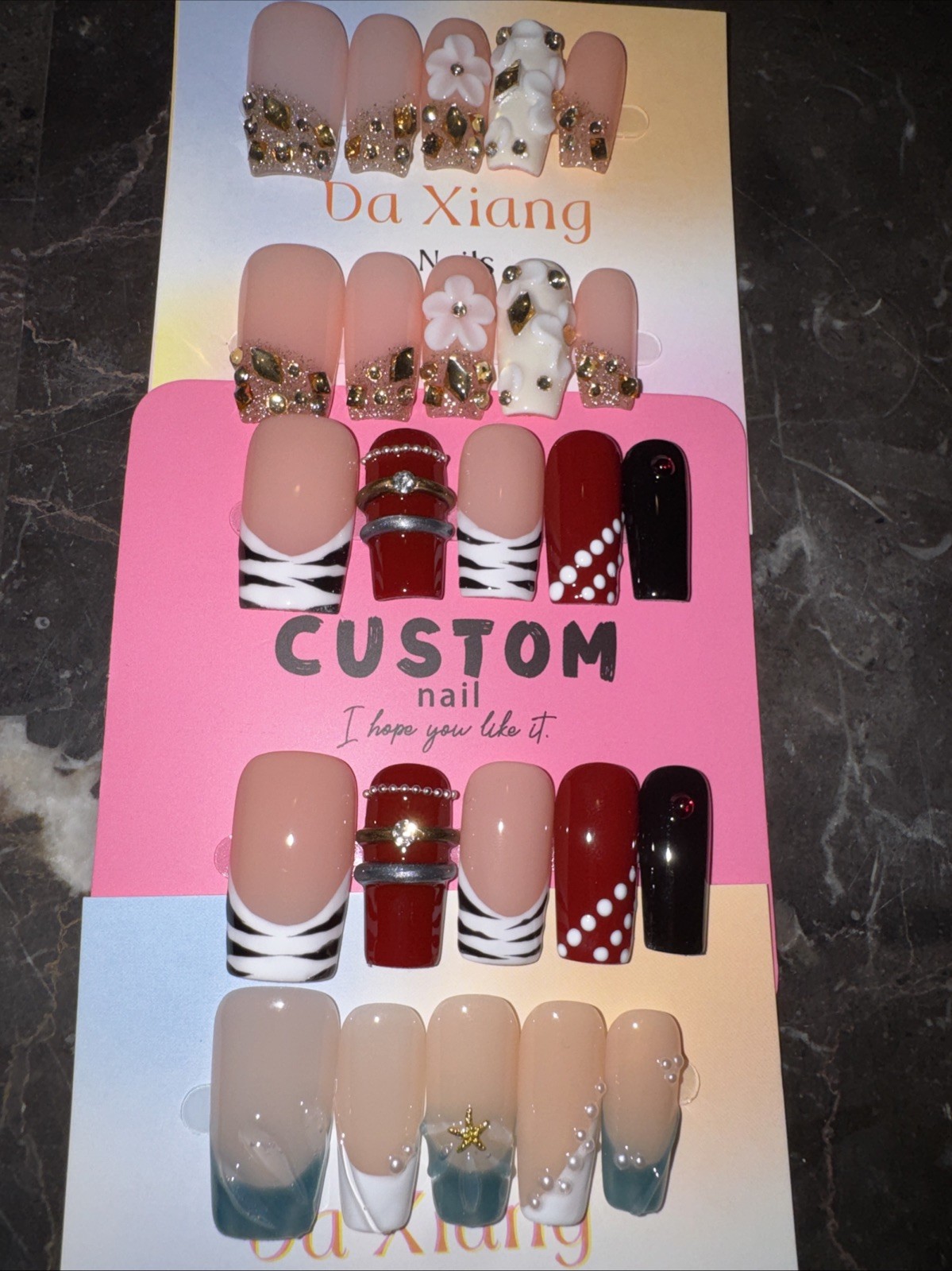 Medium Square Press On Nails 3D Flower Shiny French Handmade Bundle Size large