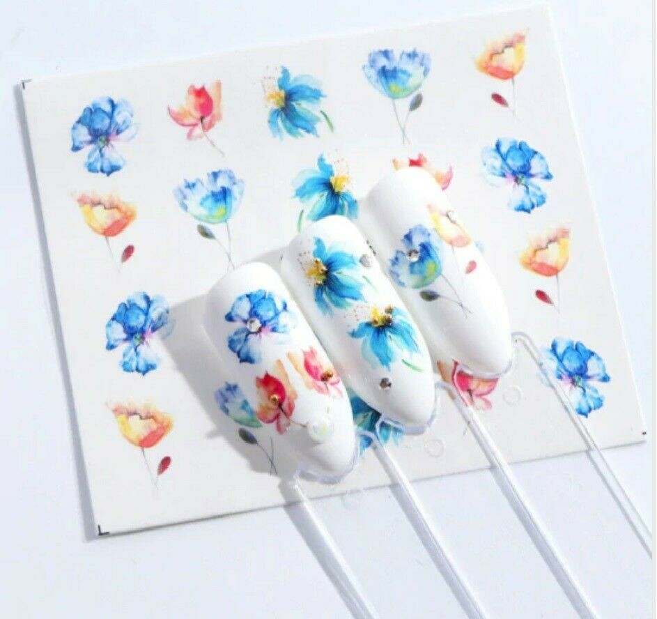 Water Nail Art Stickers Decal Red Blue Flowers Leaf Transfer Decorations NS26