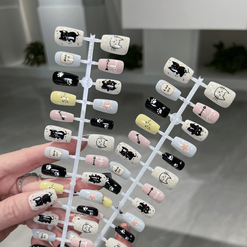 60pcs Short Square Press on Nails, Pink White Cat Fish Bone Cartoon Cute Nails
