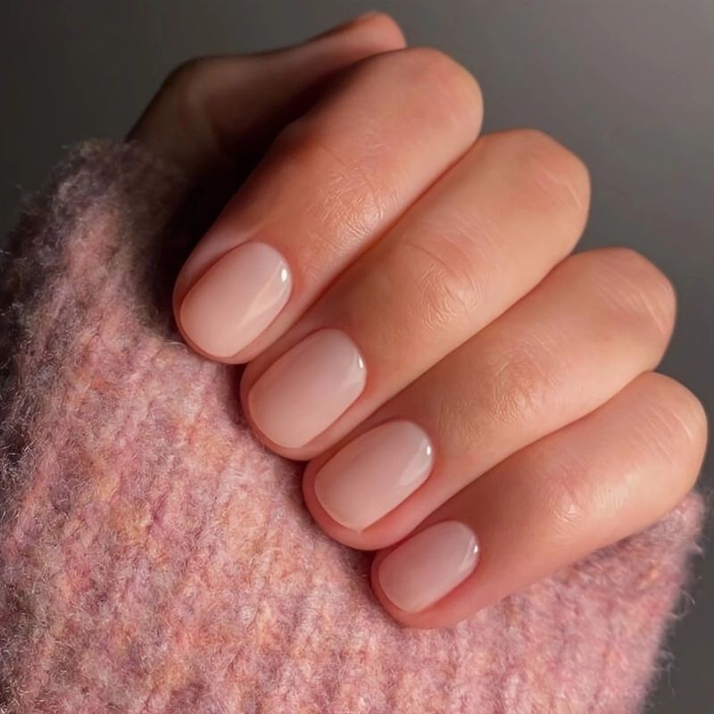 48pcs Short Almond Press on Nails, Nude Pink Solid Gloss Natural Daily Nail Art